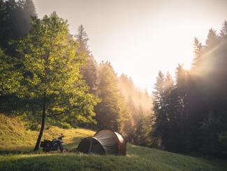 Amanecer en el bosque. Viaje en moto por los Alpes