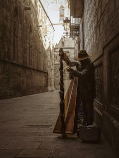 Músic tocant l'arpa al costat de la catedral de Barcelona