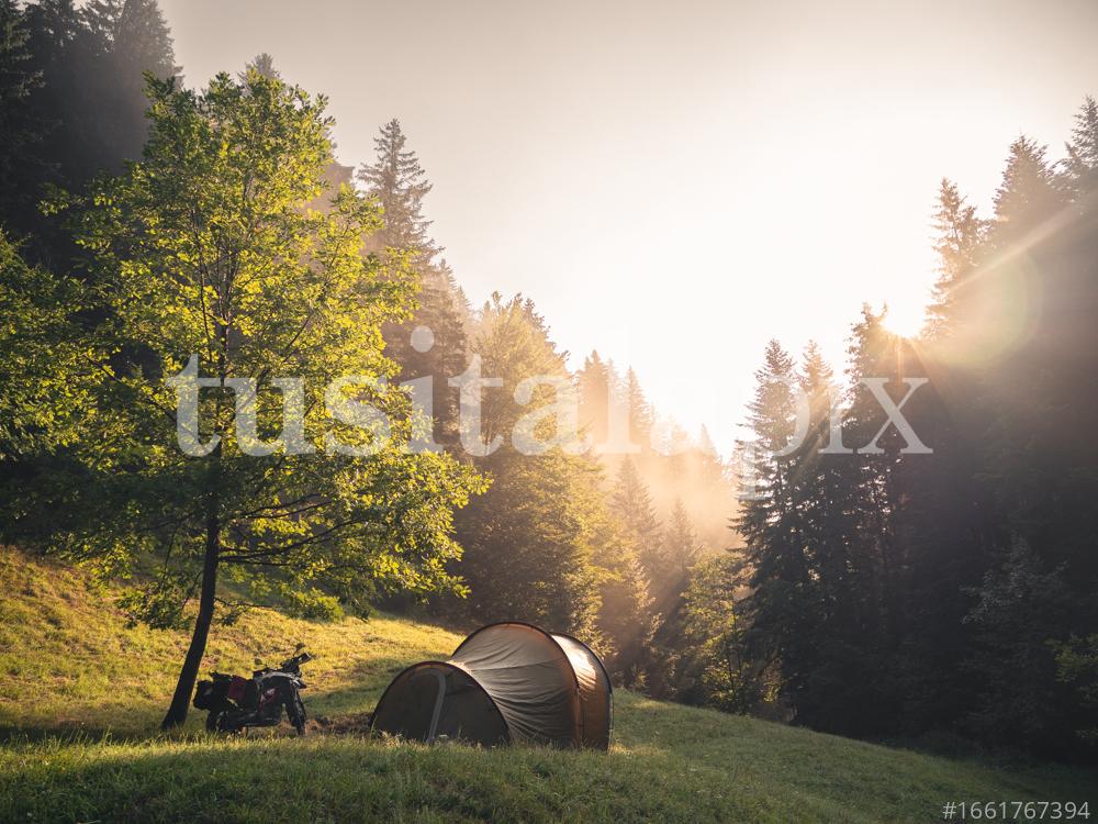 Amanecer en el bosque. Viaje en moto por los Alpes